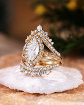 JUNO Vintage Marquise Cut Moissanite Halo Engagement Ring Set 3PCS